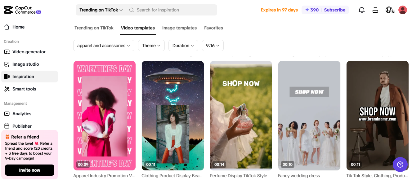 CapCut Commerce Pro video templates for social media ads, featuring fashion, perfume, and wedding promotions.